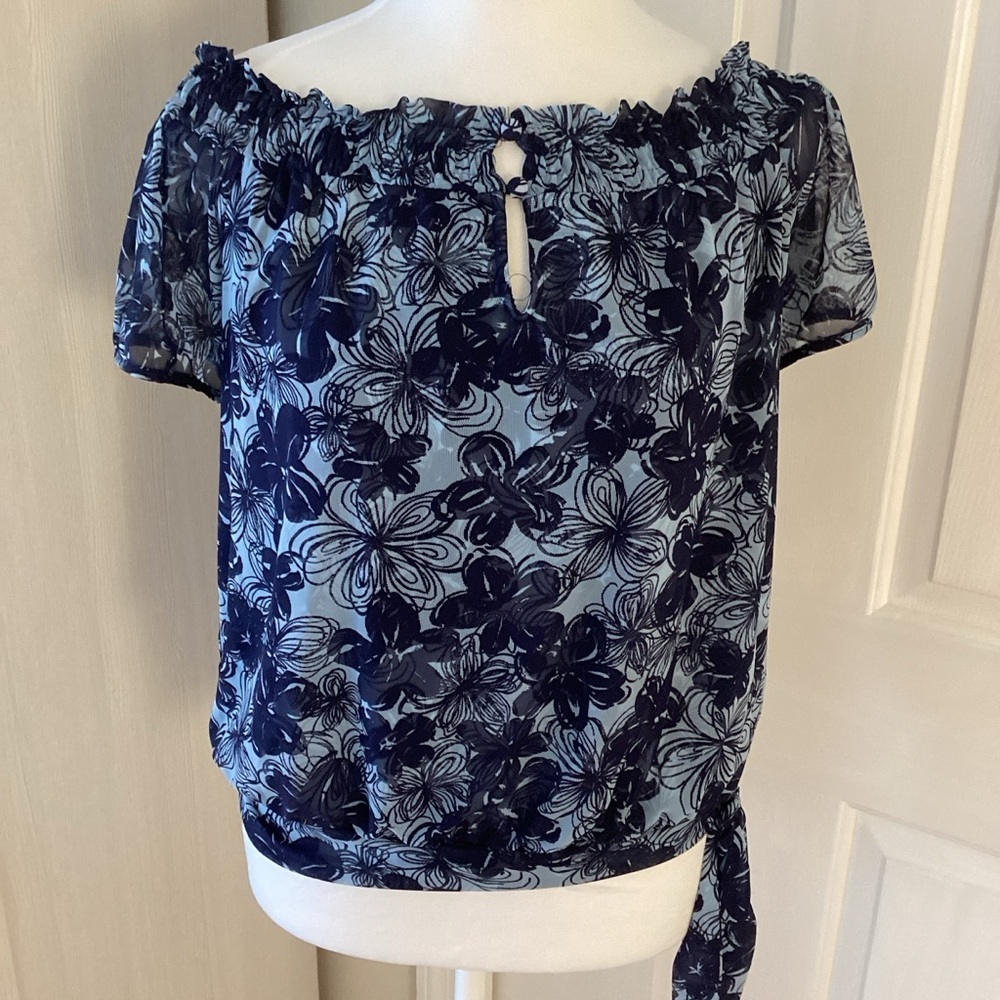 INC International Concepts Navy/Lt Blue Floral Blouse Sz M